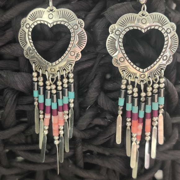 Vintage Native American Navajo TK Emerson  Silver Dangling Heart Earrings - Picture 3 of 9